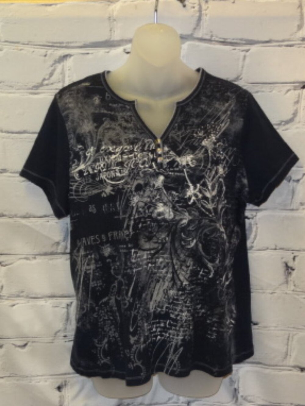 Blue Canyon Clothing Navy Blue Graphic V-Neck Short Sleeve Top, Like New